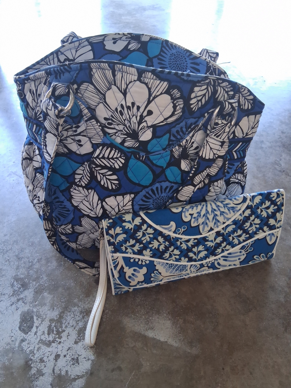 Vintage Vera Bradley Blue Floral Quilted Tote with Matching Wristlet NWOT